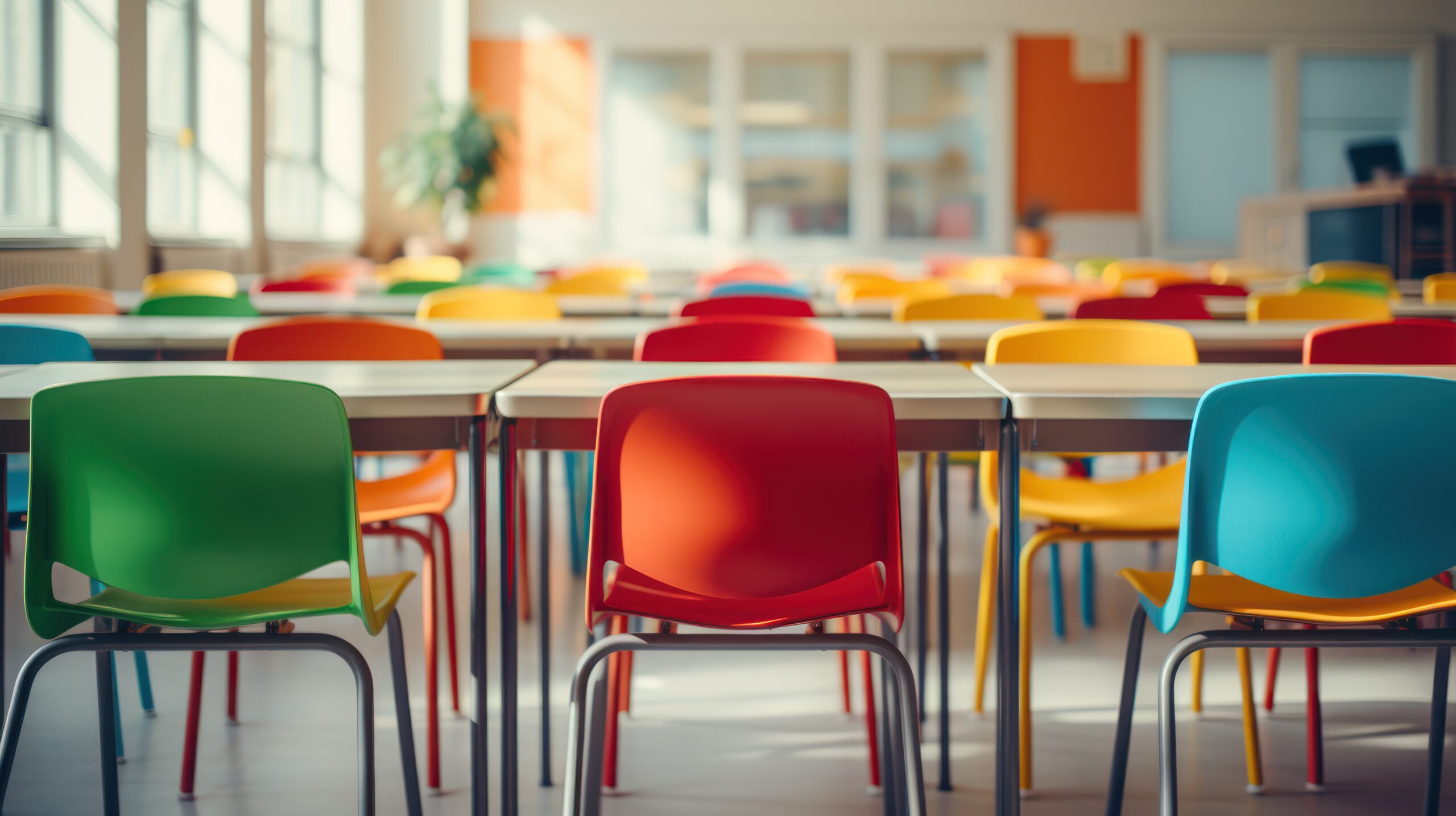 Colorful chairs surround tables in  bright, vibrant classroom.