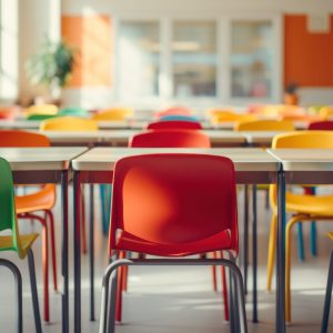 Colorful chairs surround tables in bright, vibrant classroom. Colorful chairs surround tables in bright, vibrant classroom.